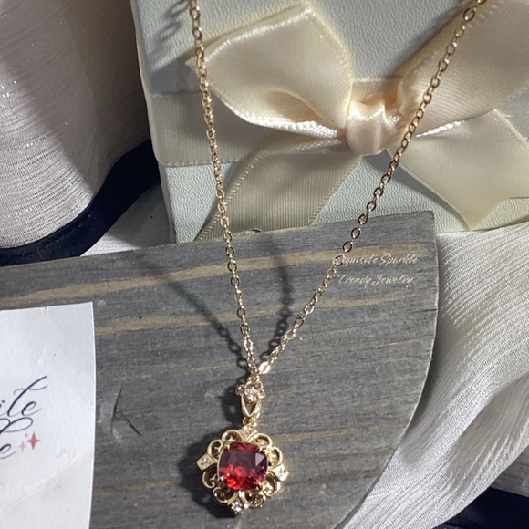 10k Gold Plated Cushion Cut Prong Set Simulated Red Ruby(Cz)Pendant Necklace - Picture 6 of 16